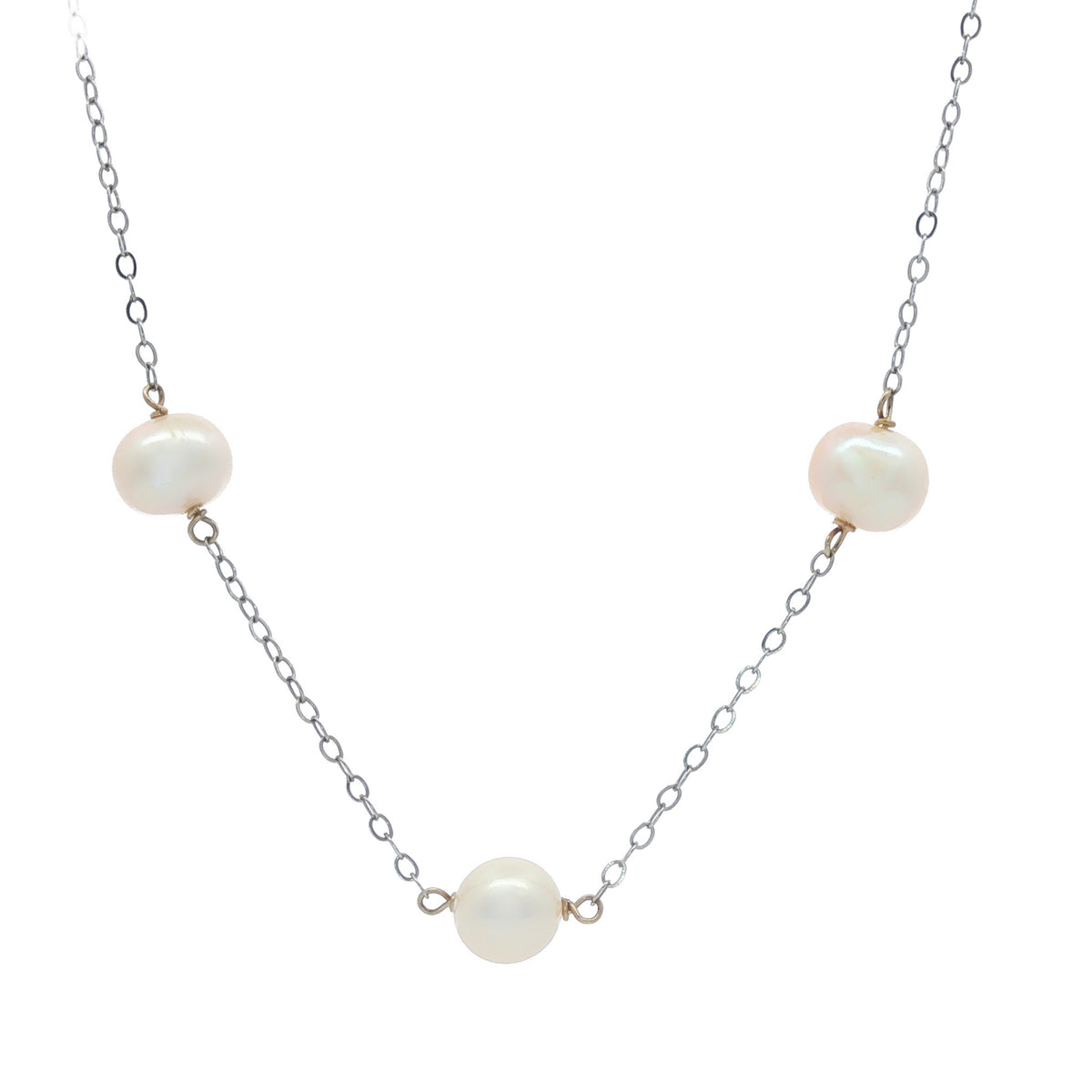 14kt White Gold Cultured Pearl Station Necklace