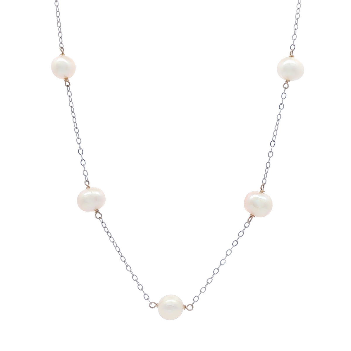 14kt White Gold Cultured Pearl Station Necklace