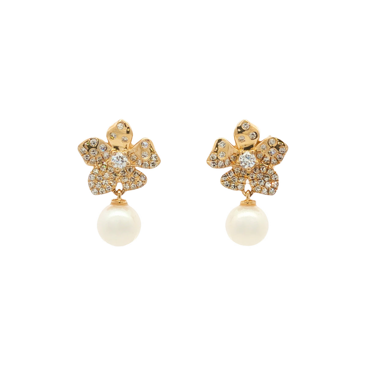 14kt Yellow Gold Diamond Flower and Pearl Drop Earrings