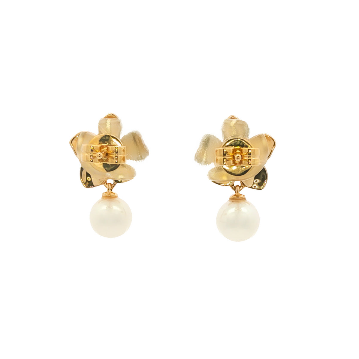 14kt Yellow Gold Diamond Flower and Pearl Drop Earrings
