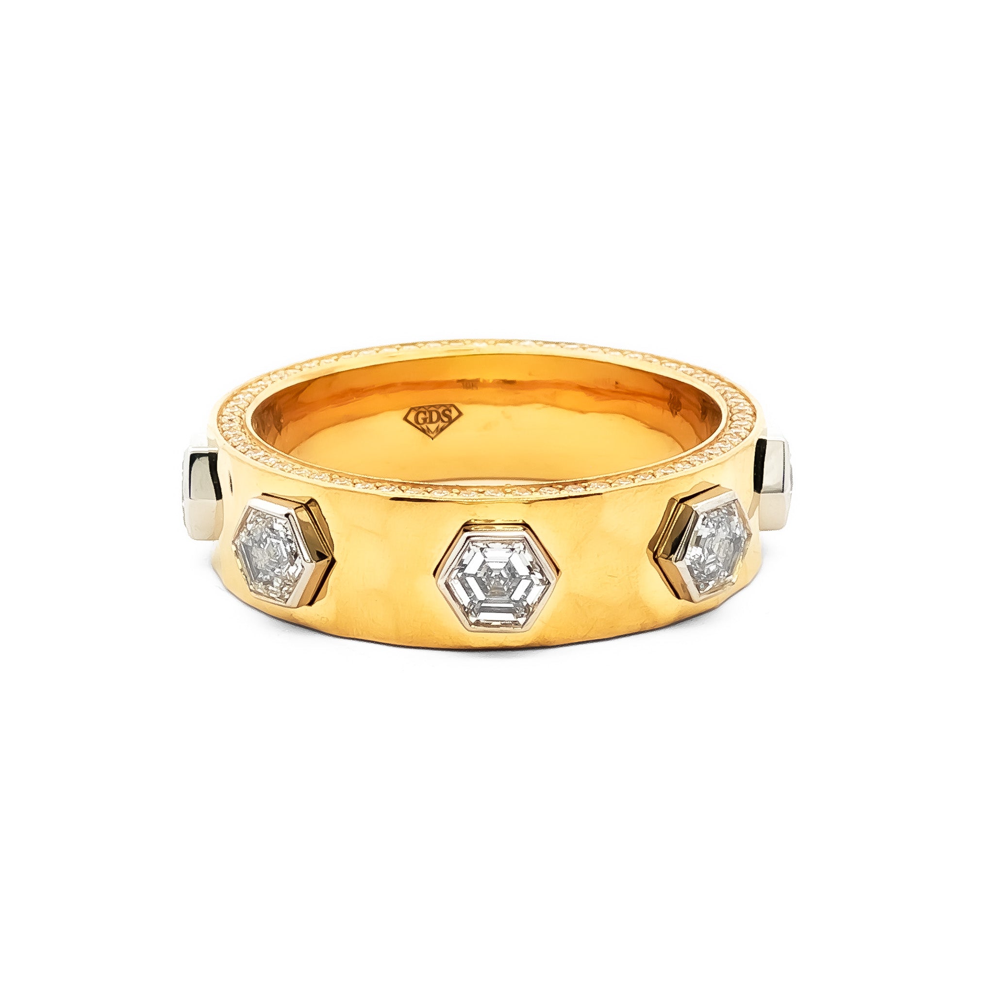 Medoro Hammered Men's Eternity Ring – 18KT Yellow Gold with 3.12 CTW Hexagon Diamonds