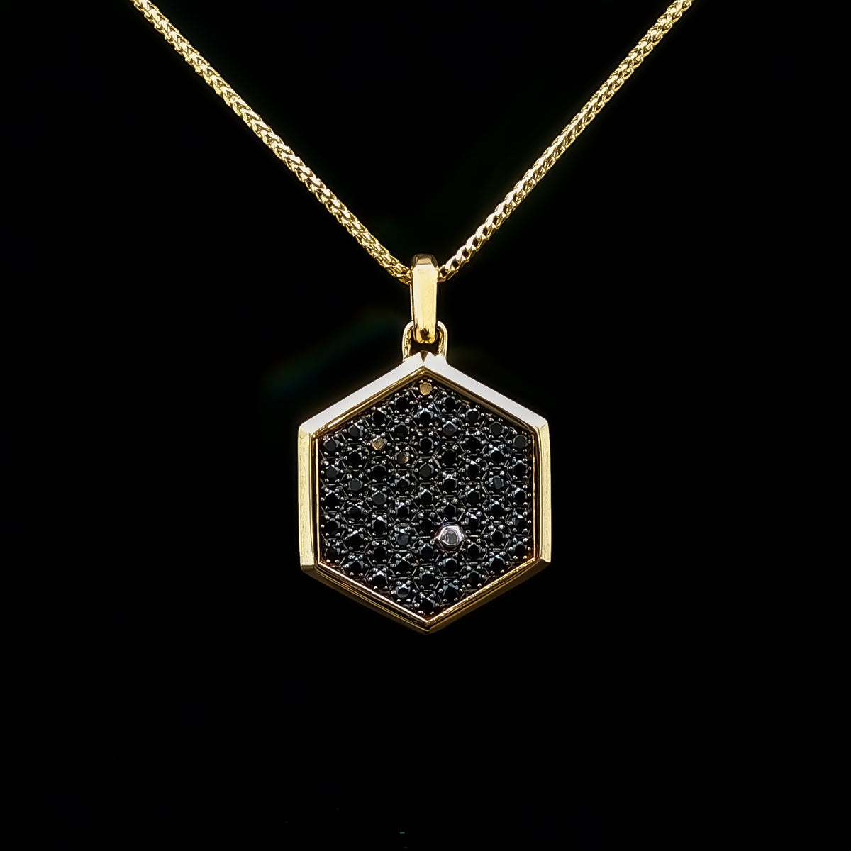 Medoro 18kt Yellow Gold 1.11 ctw Pavé Black Diamond Hexagon Pendant with Honeycomb back