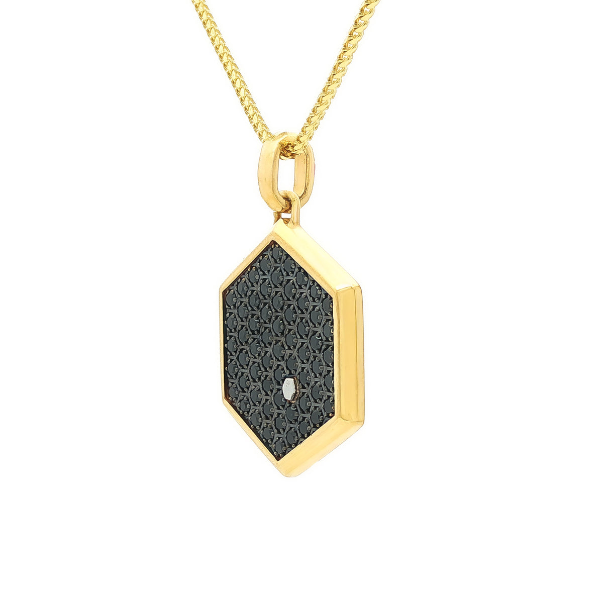 Medoro 18kt Yellow Gold 1.11 ctw Pavé Black Diamond Hexagon Pendant with Honeycomb back