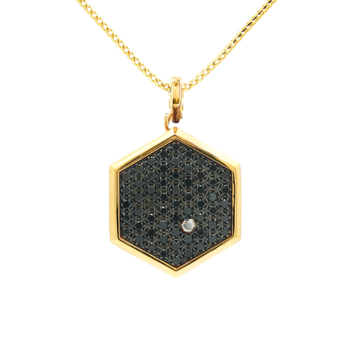 Medoro 18kt Yellow Gold 1.11 ctw Pavé Black Diamond Hexagon Pendant with Honeycomb back
