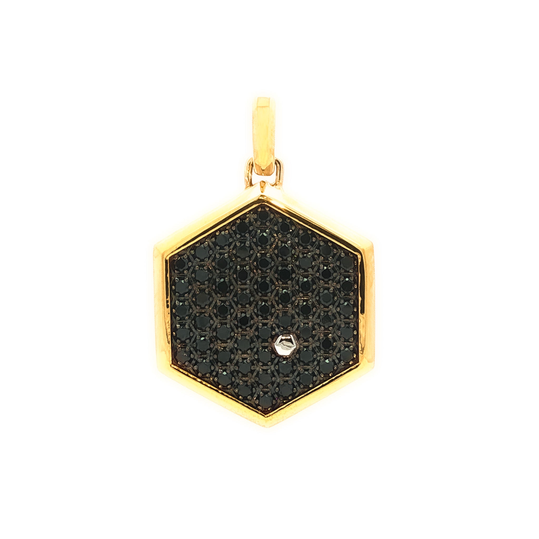 Medoro 18kt Yellow Gold 1.11 ctw Pavé Black Diamond Hexagon Pendant with Honeycomb back