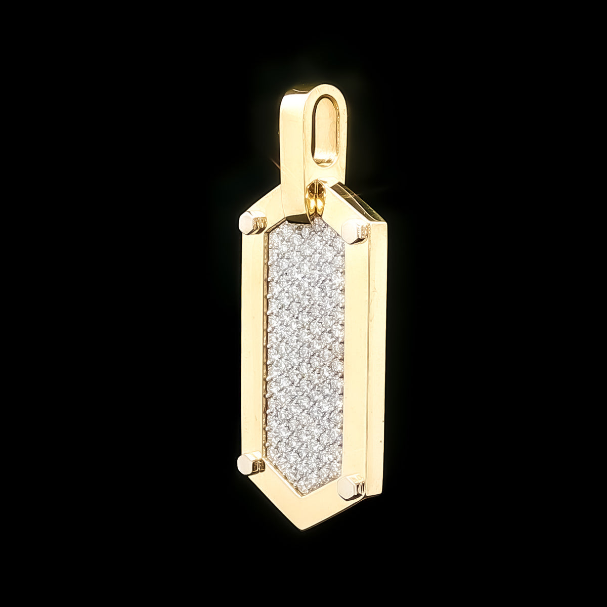 Medoro 18kt Yellow Gold 1.05 ctw Pavé Diamond Elongated Hexagon Dog Tag Pendant with Honeycomb Back