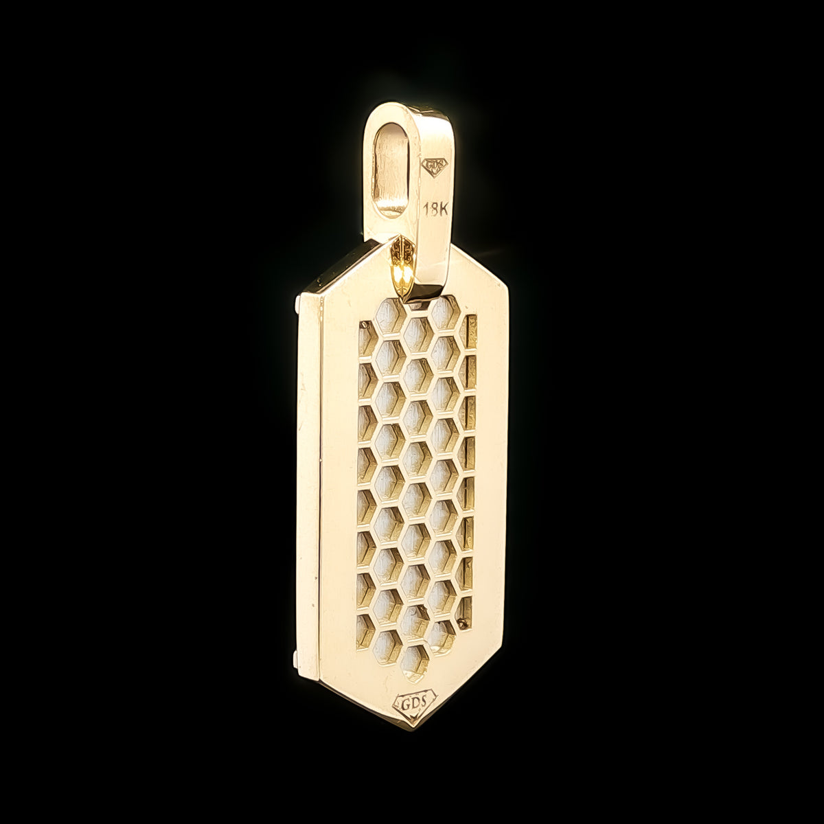 Medoro 18kt Yellow Gold 1.05 ctw Pavé Diamond Elongated Hexagon Dog Tag Pendant with Honeycomb Back
