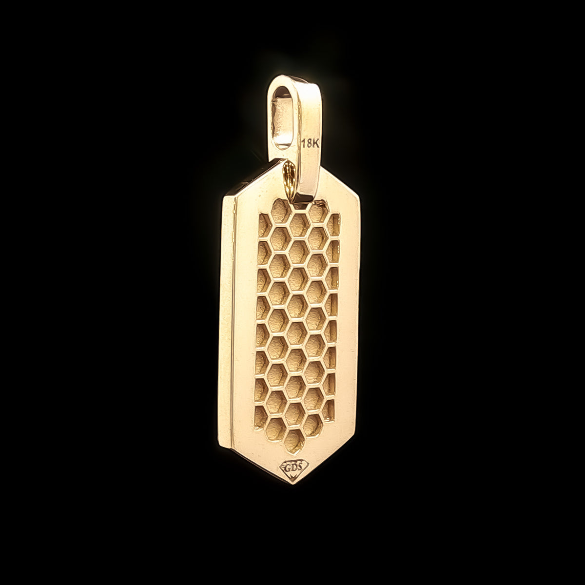 Medoro 18kt Yellow Gold Sandblasted Hexagon Dog Tag Pendant with Honeycomb Back