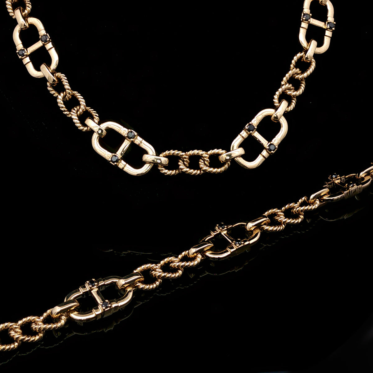 Men's 14kt Yellow Gold .17 ctw Black Diamond Alternating Mariner and Twisted Oval Bracelet