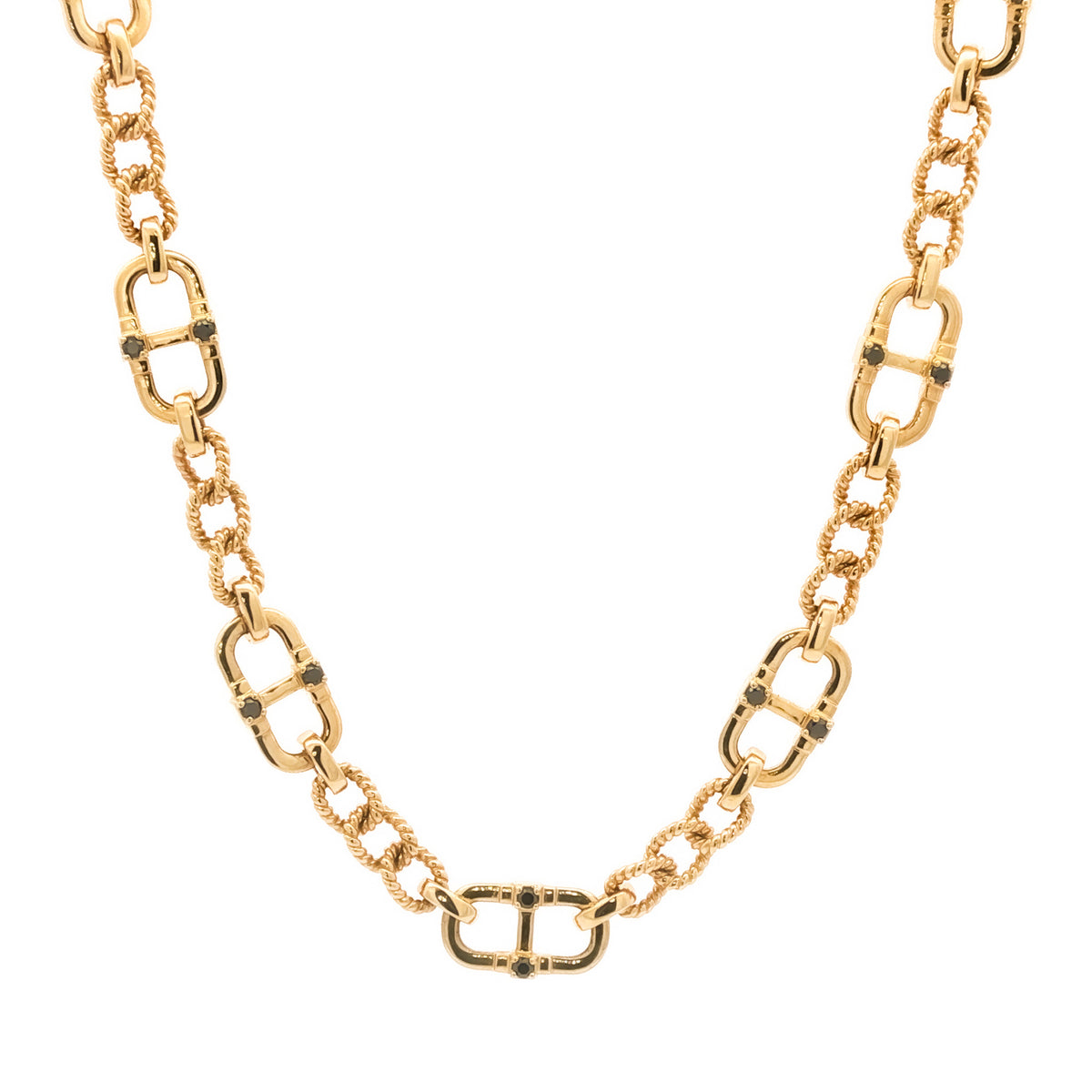 Men's 14kt Yellow Gold .70 ctw Black Diamond Alternating Mariner and Twisted Oval Link Necklace