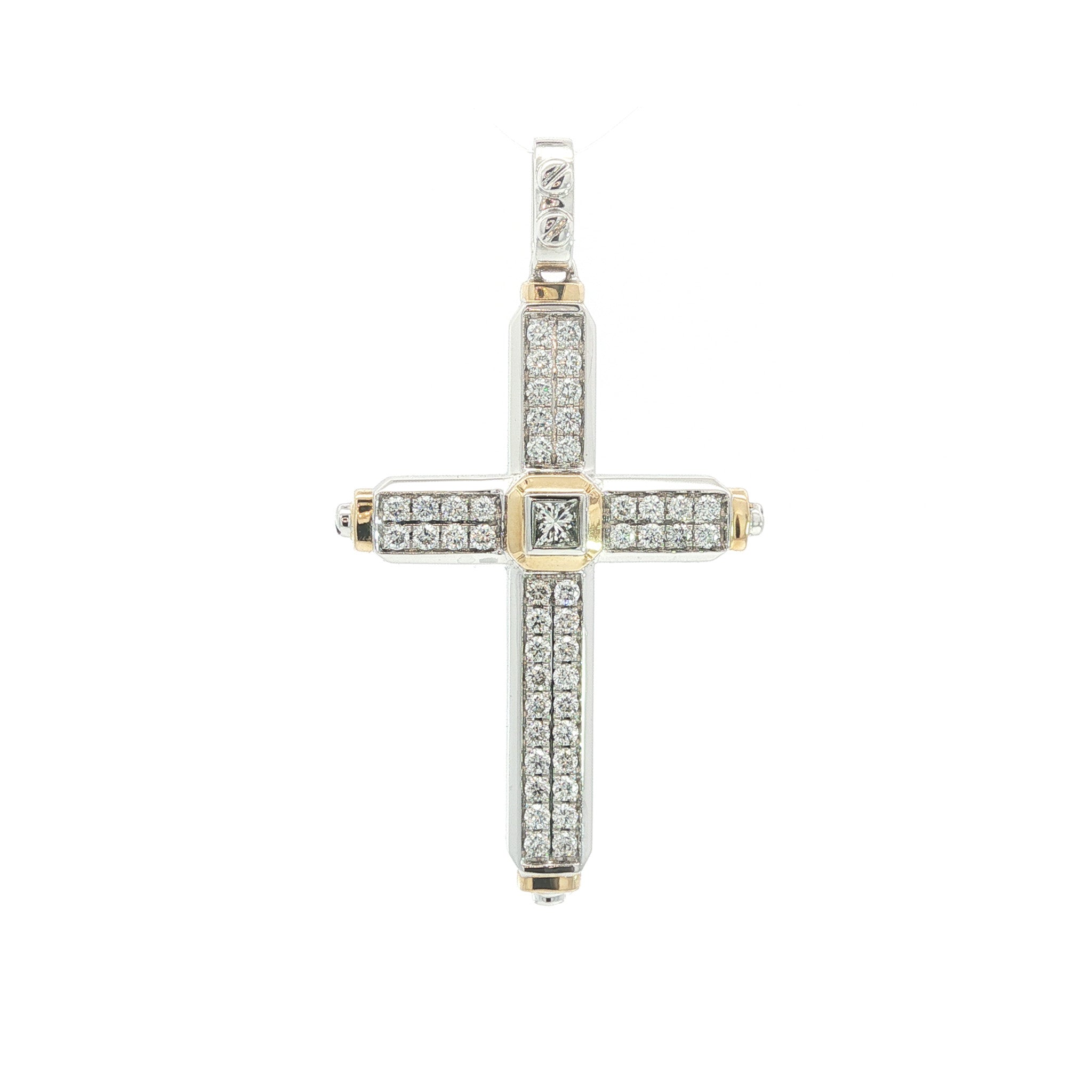 Medoro 14kt White and Yellow Gold 0.68ctw Double Row Diamond with Princess-cut Center Stone Cross Pendant