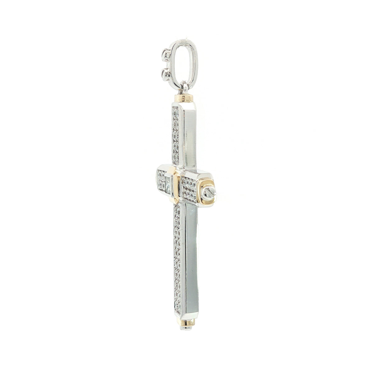 Medoro 14kt White and Yellow Gold 0.68ctw Double Row Diamond with Princess-cut Center Stone Cross Pendant