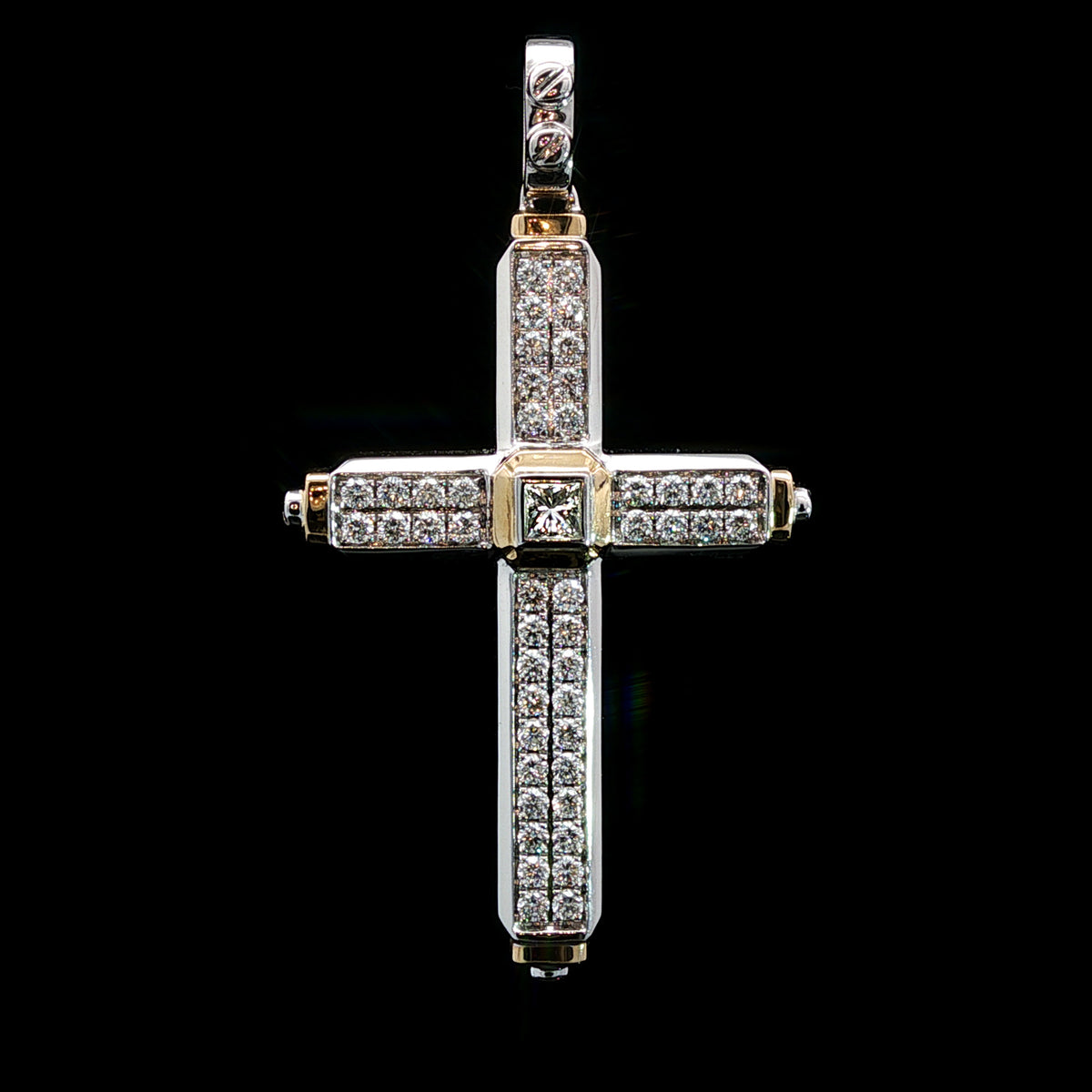Medoro 14kt White and Yellow Gold 0.68ctw Double Row Diamond with Princess-cut Center Stone Cross Pendant