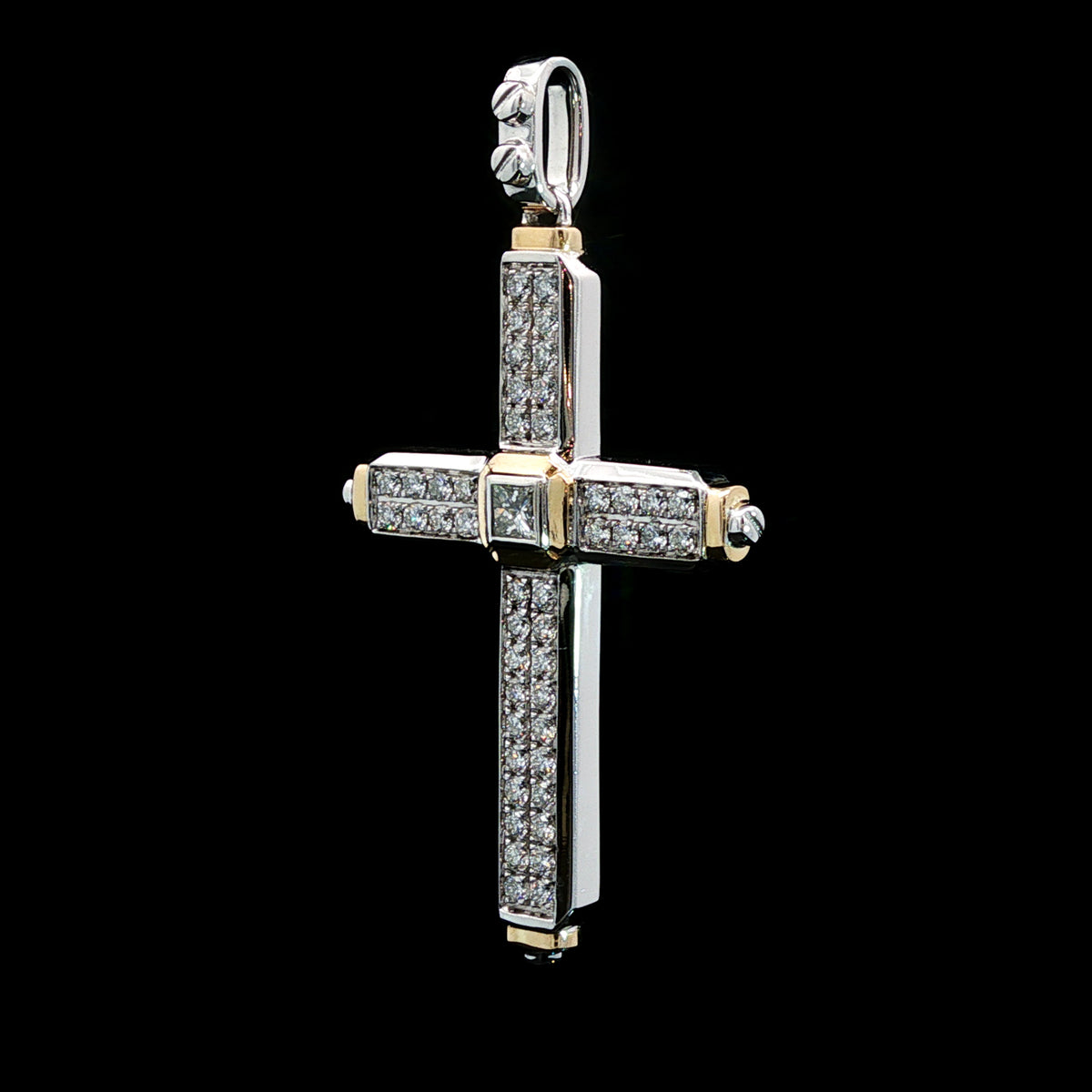 Medoro 14kt White and Yellow Gold 0.68ctw Double Row Diamond with Princess-cut Center Stone Cross Pendant