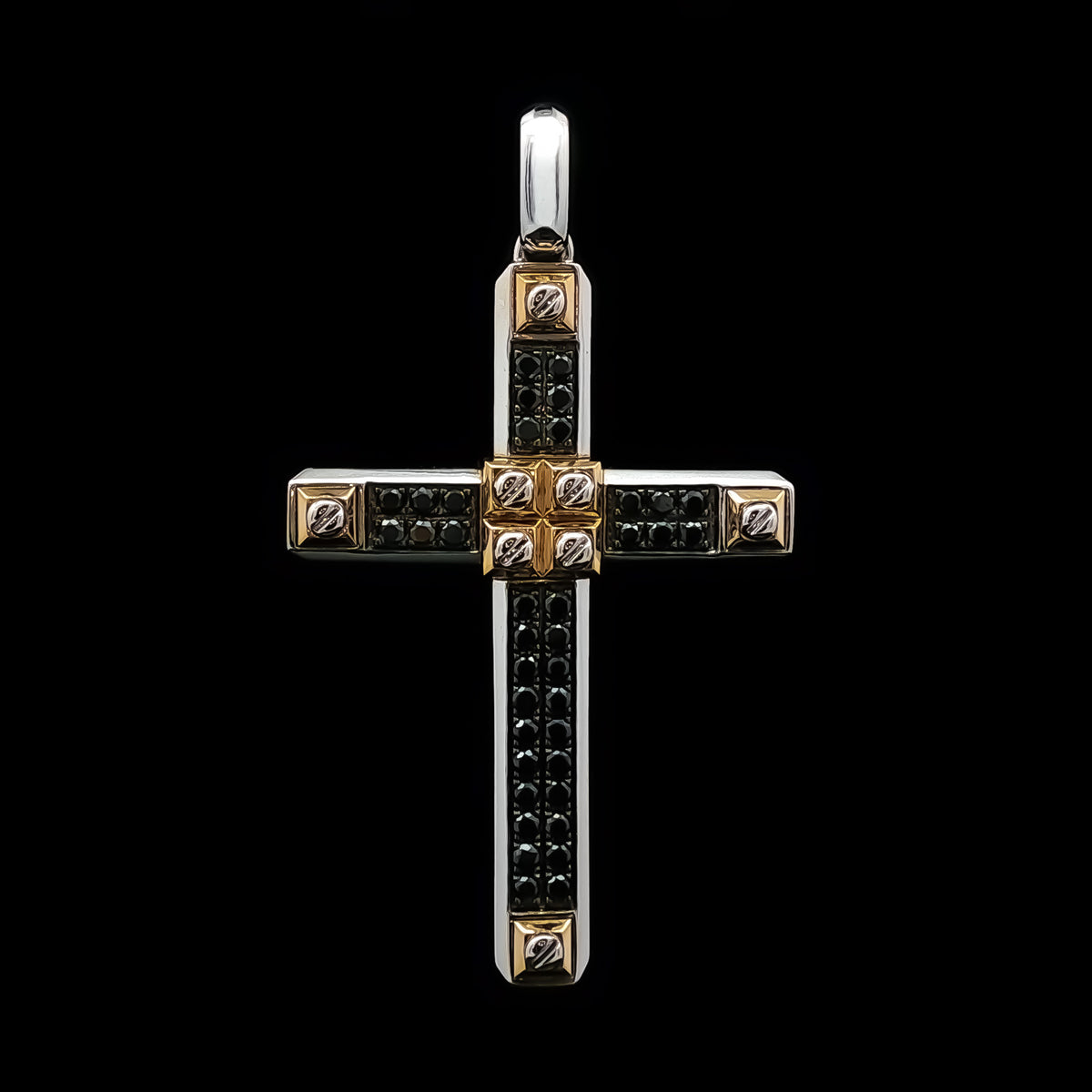 Medoro 14kt White and Yellow Gold 0.52 ctw Double Row Black Diamond Cross Pendant
