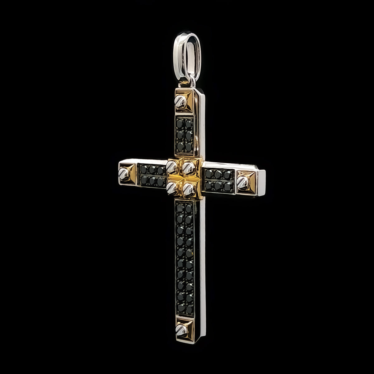 Medoro 14kt White and Yellow Gold 0.52 ctw Double Row Black Diamond Cross Pendant
