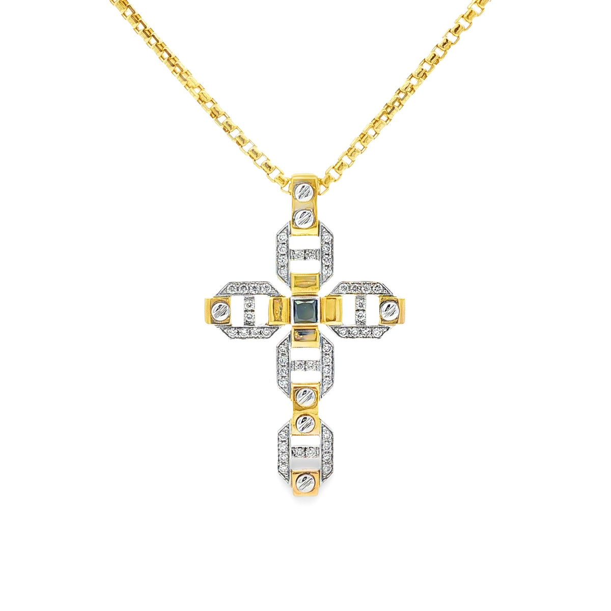 Medoro 14kt White and Yellow Gold 0.37 ctw White and Black Diamond Geometric Mariner Link Cross Pendant