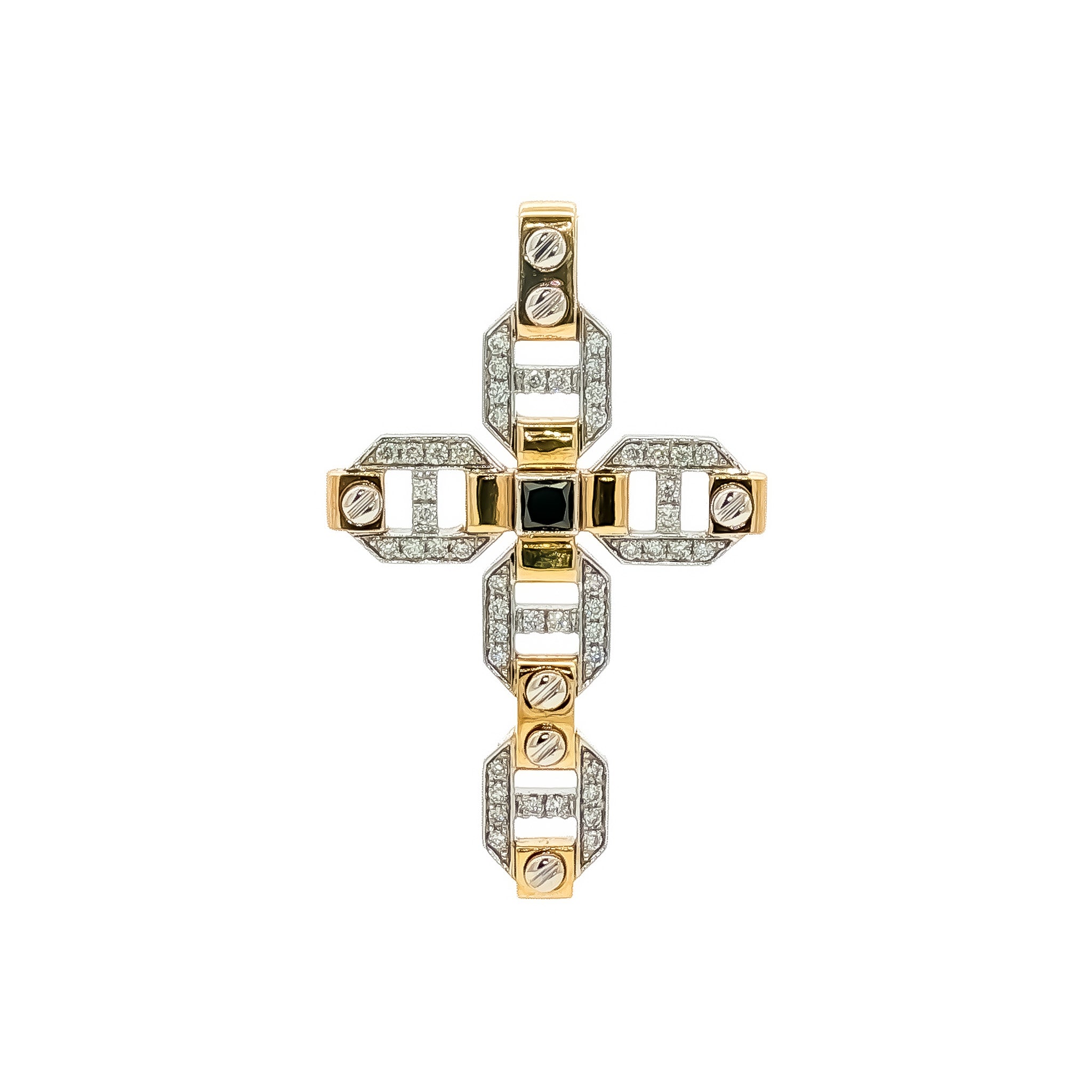 Medoro 14kt White and Yellow Gold 0.37 ctw White and Black Diamond Geometric Mariner Link Cross Pendant