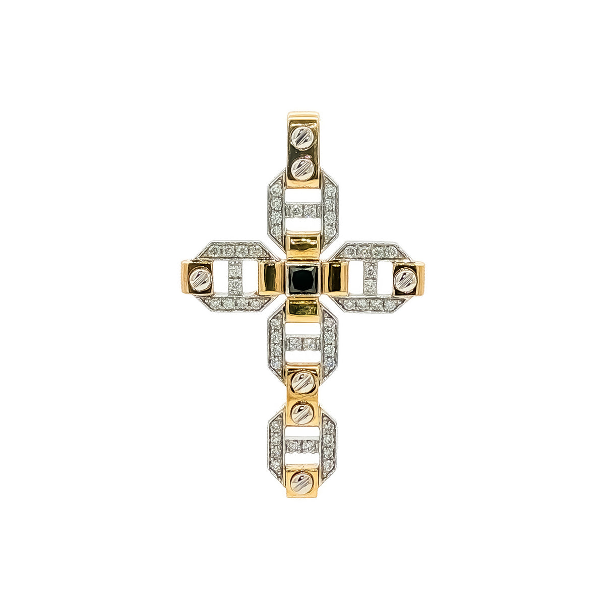 Medoro 14kt White and Yellow Gold 0.37 ctw White and Black Diamond Geometric Mariner Link Cross Pendant
