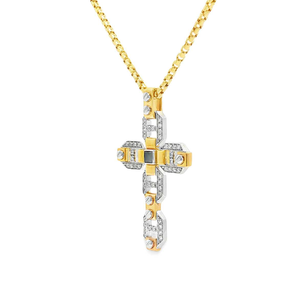 Medoro 14kt White and Yellow Gold 0.37 ctw White and Black Diamond Geometric Mariner Link Cross Pendant
