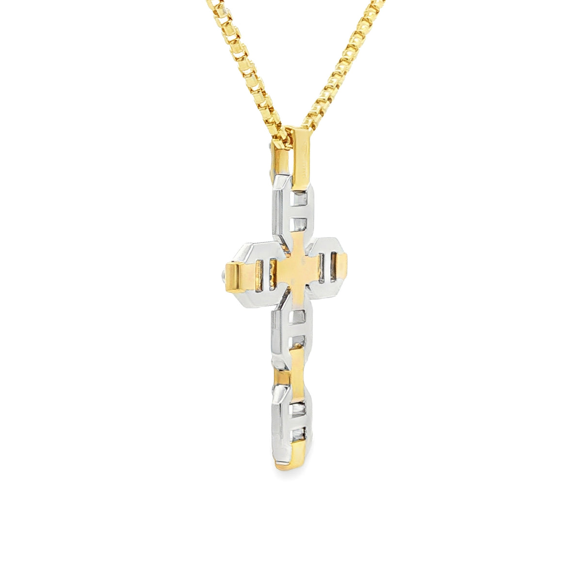 Medoro 14kt White and Yellow Gold 0.37 ctw White and Black Diamond Geometric Mariner Link Cross Pendant