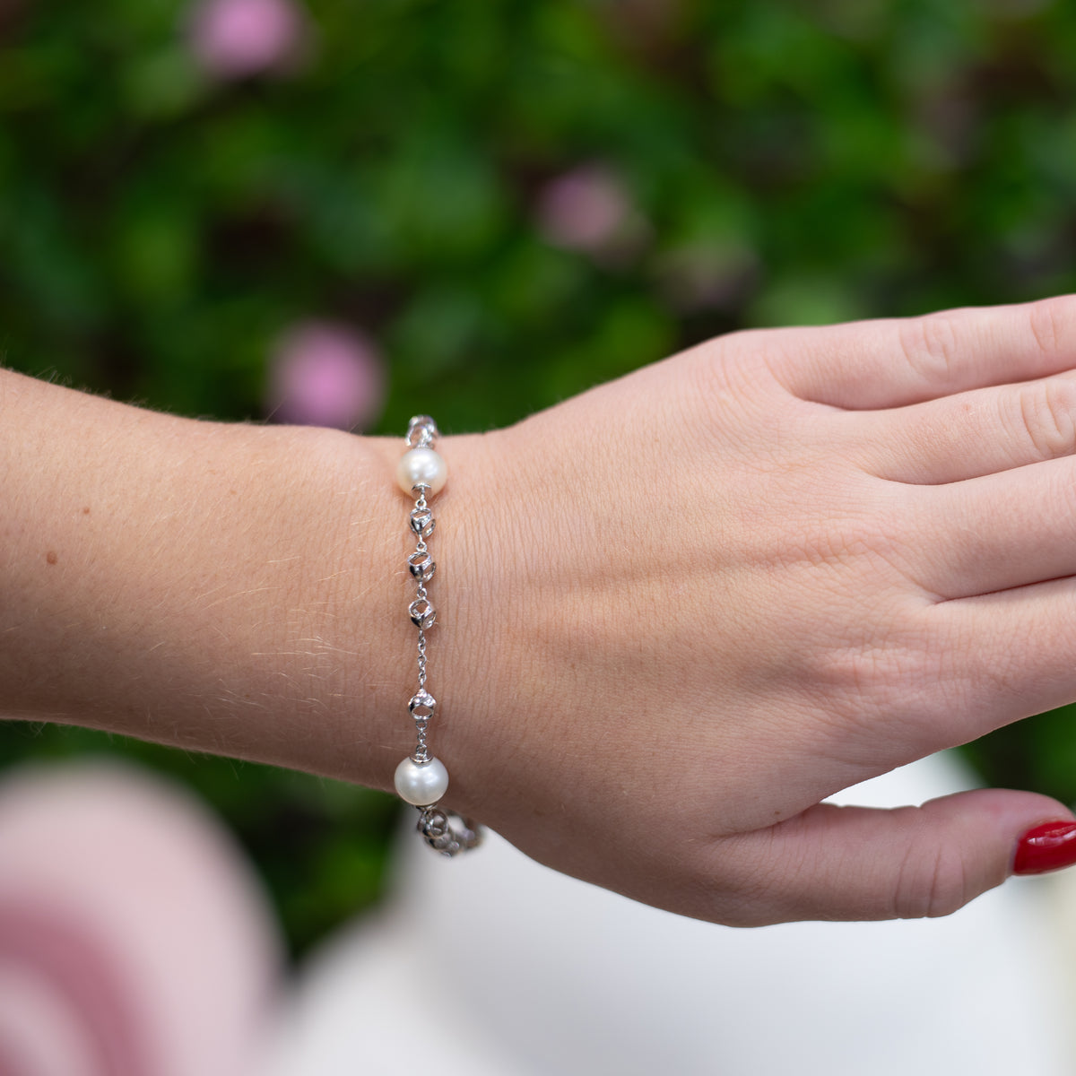 18kt White Gold Triadra Link Pearl Bracelet