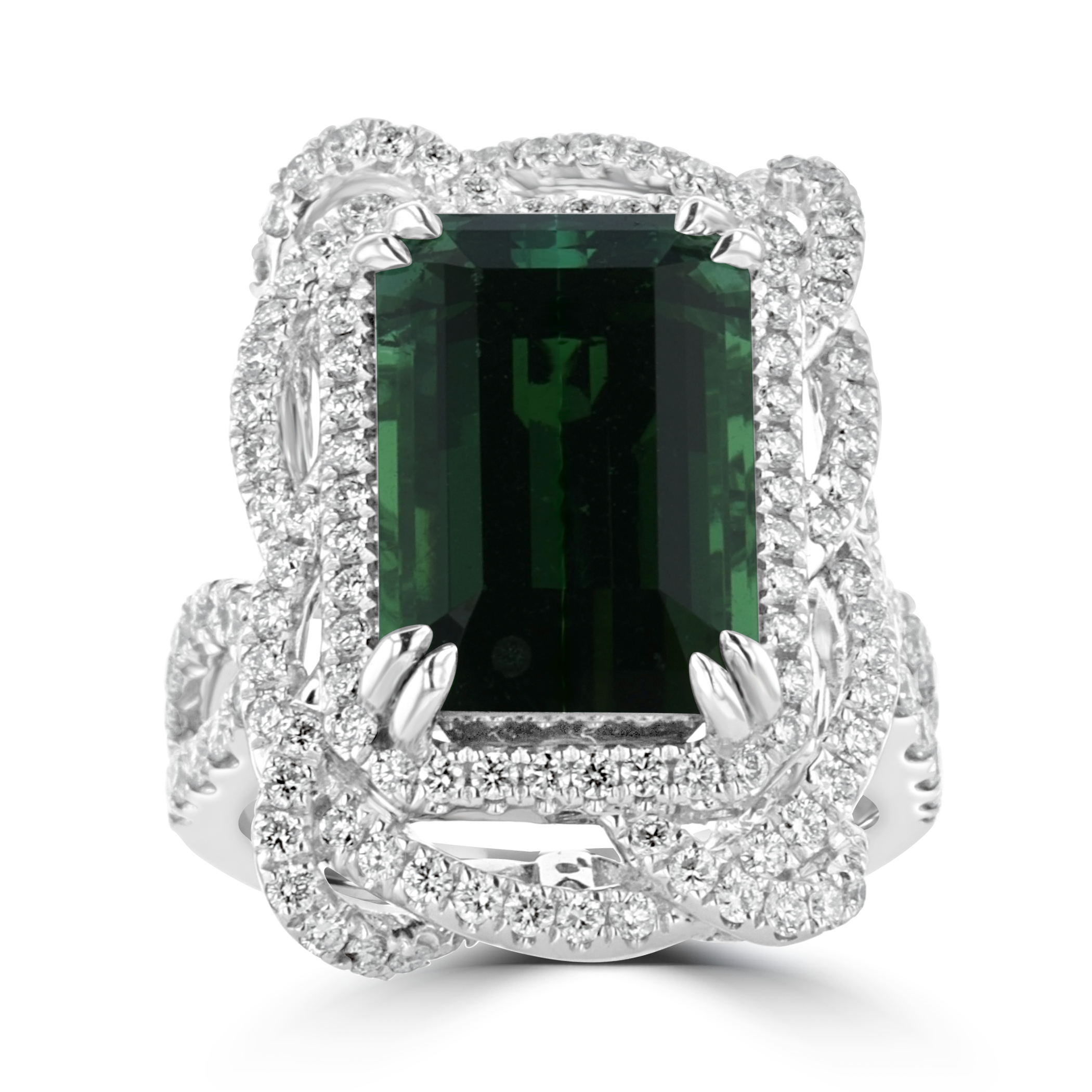 JULEVE 18KT WHITE GOLD 12.10 CT TOURMALINE & 1.70 CTW DIAMOND HALO RING 6,6.5,7