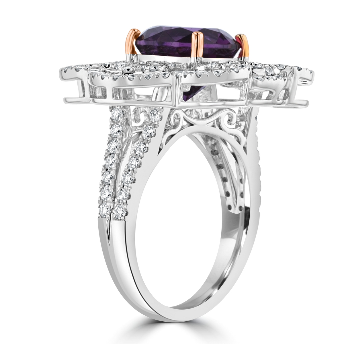 JULEVE 18KT WHITE GOLD 5.26 CT PINK GARNET & 1.22 CTW DIAMOND HALO RING 4,4.5,5,5.5,6,6.5,7,7.5,8,8.5,9