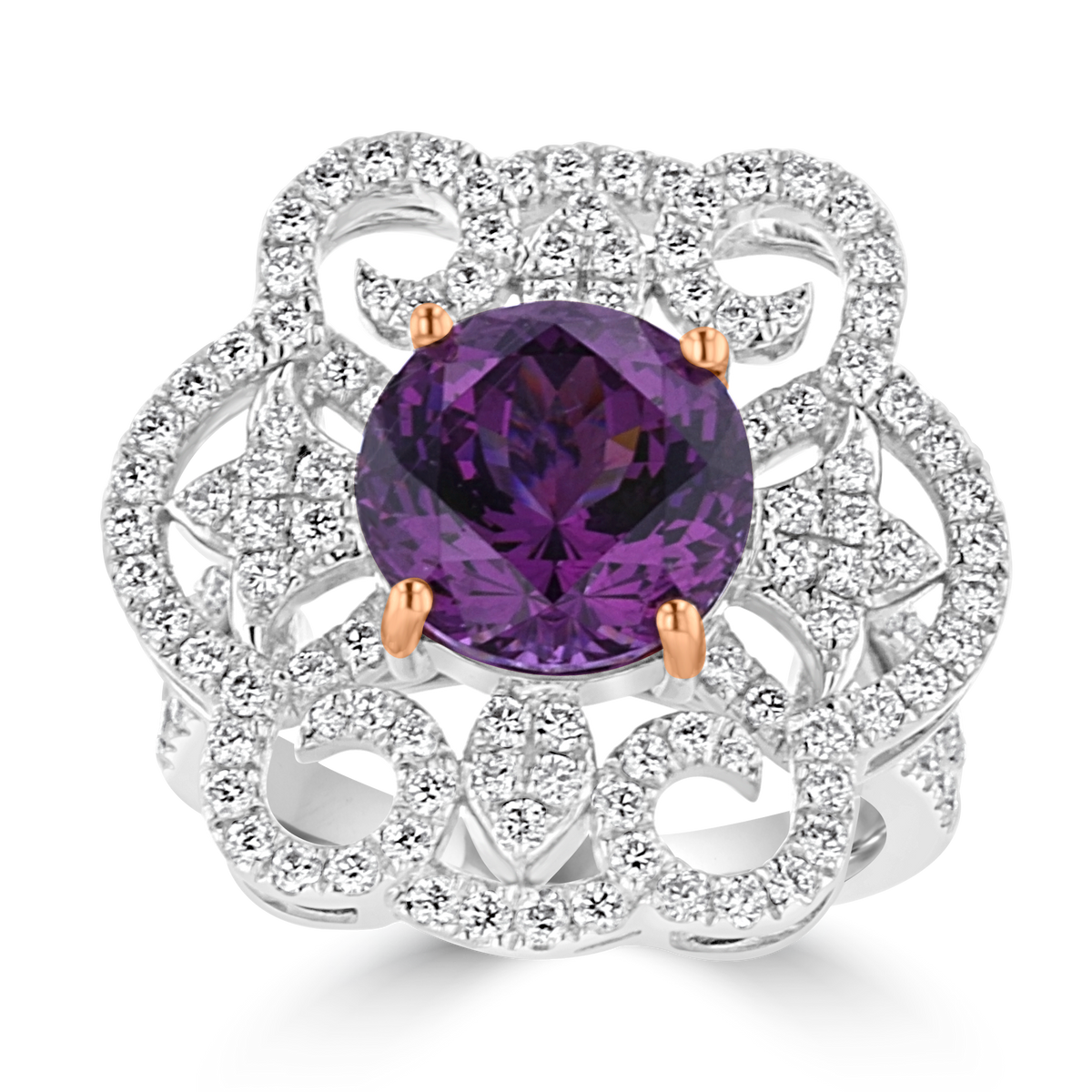 JULEVE 18KT WHITE GOLD 5.26 CT PINK GARNET & 1.22 CTW DIAMOND HALO RING 4,4.5,5,5.5,6,6.5,7,7.5,8,8.5,9