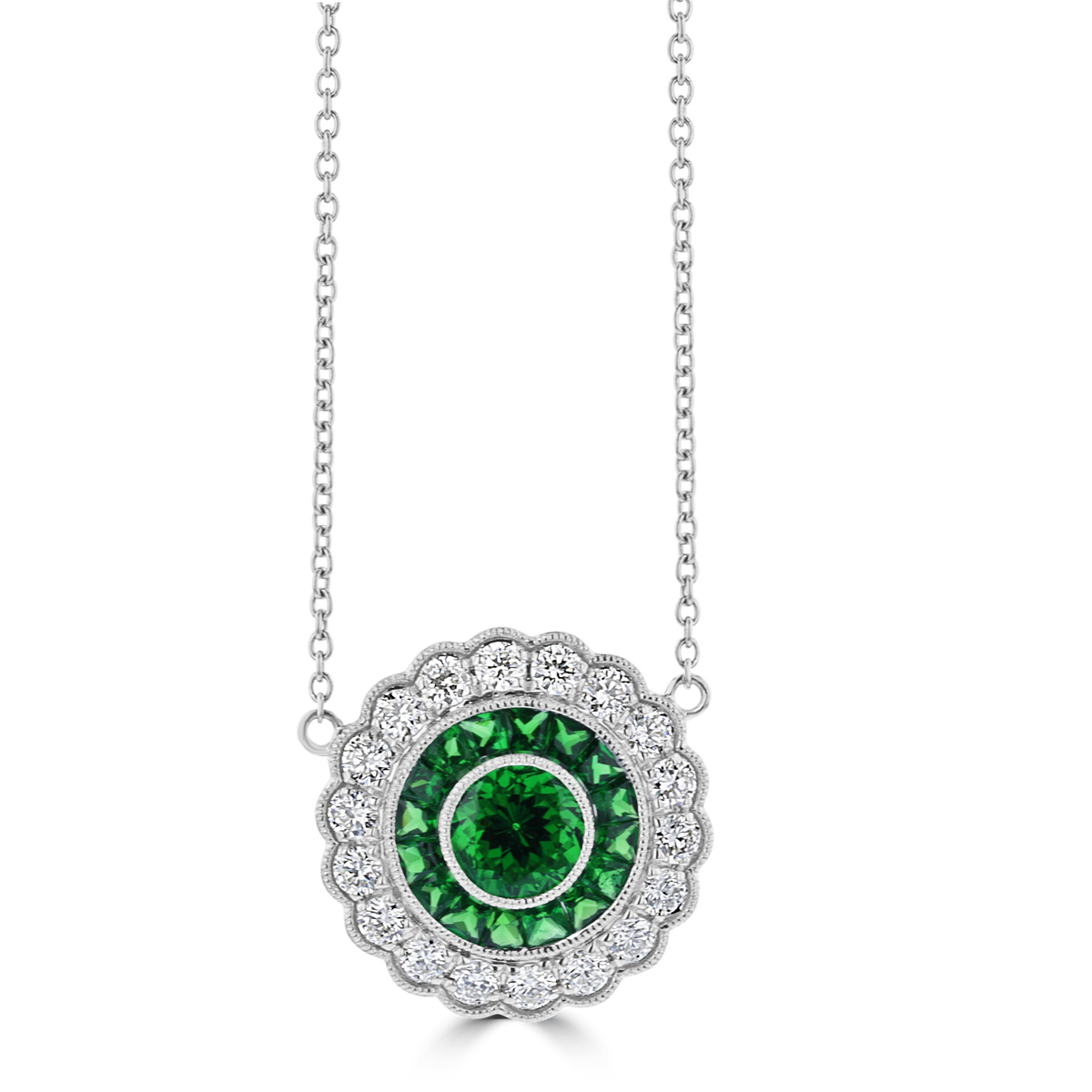 18K WHITE GOLD 2.11 CTW TSAVORITE & 0.83 CTW DIAMOND HALO NECKLACE