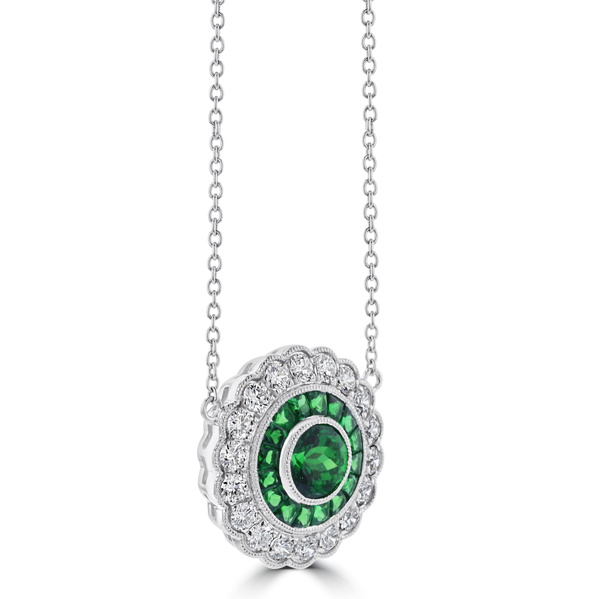 18K WHITE GOLD 2.11 CTW TSAVORITE & 0.83 CTW DIAMOND HALO NECKLACE