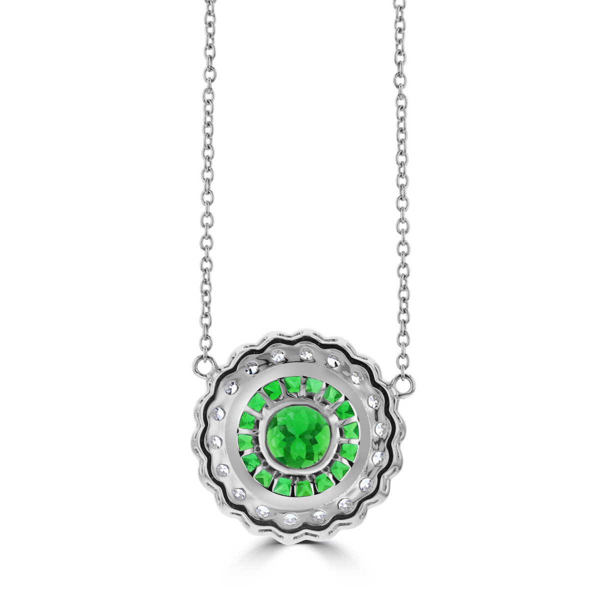 18K WHITE GOLD 2.11 CTW TSAVORITE & 0.83 CTW DIAMOND HALO NECKLACE