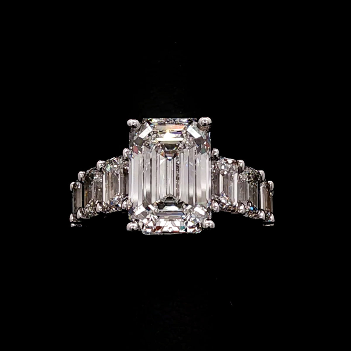 18kt White Gold 5.03 ct Emerald Cut with 3.50 ctw Graduated Emerald Cut Diamond Ring 5,5.5,6,6.5,7,7.5,8