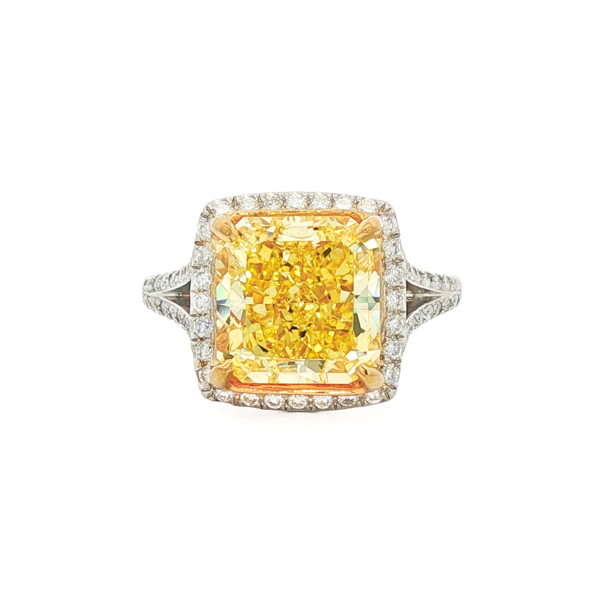 Platinum & 18kt Yellow Gold 4.60 ct Fancy Intense Yellow VVS2 GIA Certified Diamond Ring with 0.40 ctw Diamond Halo