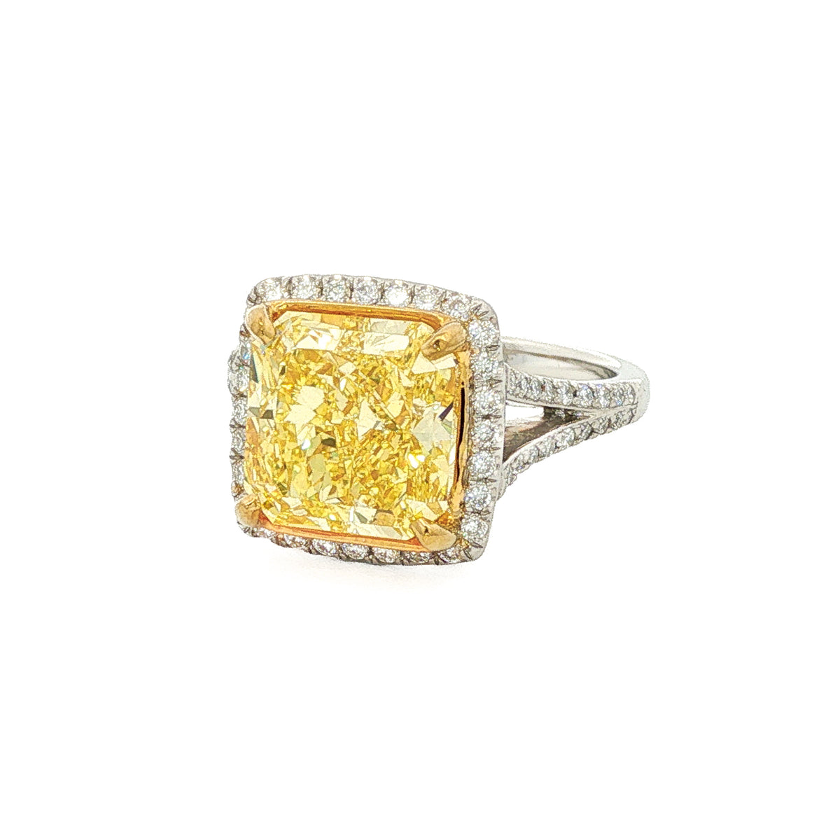 Platinum & 18kt Yellow Gold 4.60 ct Fancy Intense Yellow VVS2 GIA Certified Diamond Ring with 0.40 ctw Diamond Halo