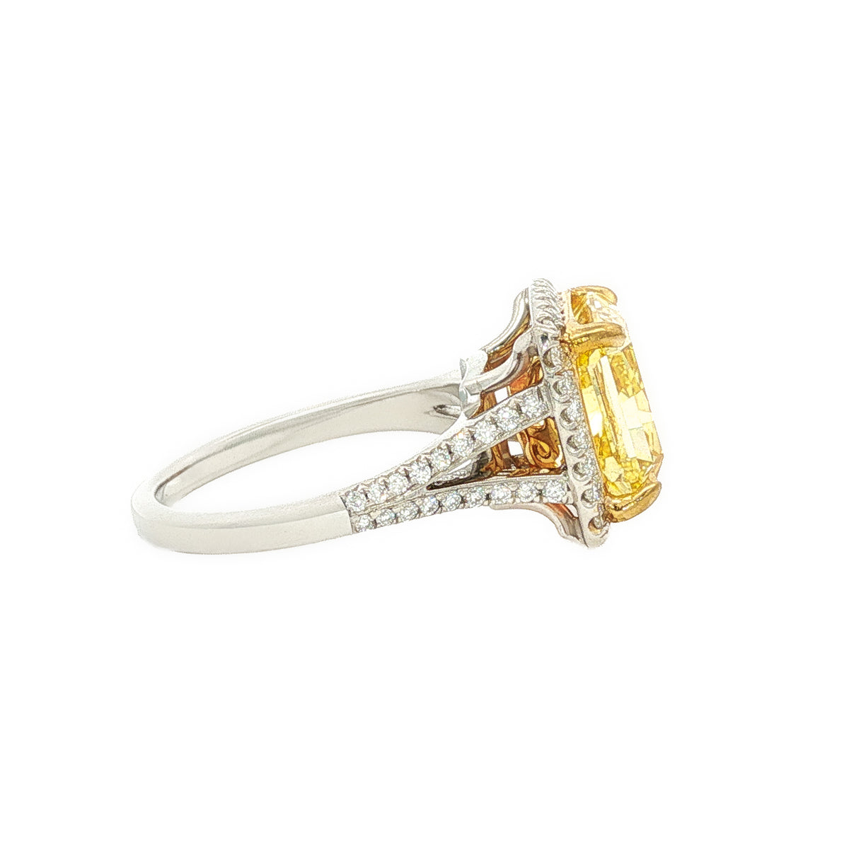 Platinum & 18kt Yellow Gold 4.60 ct Fancy Intense Yellow VVS2 GIA Certified Diamond Ring with 0.40 ctw Diamond Halo