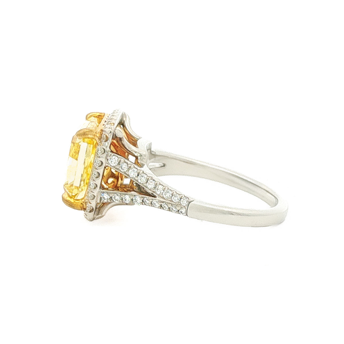 Platinum & 18kt Yellow Gold 4.60 ct Fancy Intense Yellow VVS2 GIA Certified Diamond Ring with 0.40 ctw Diamond Halo