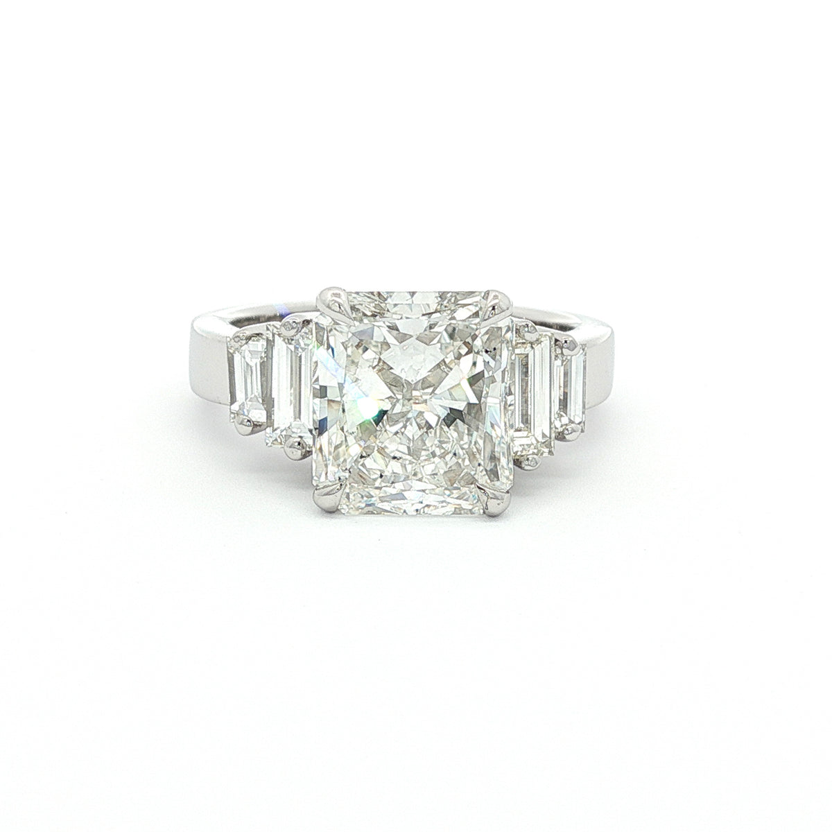 18kt White Gold 4.06 ct Radiant Cut & Baguette Diamond Ring 5,5.5,6,6.5,7,7.5,8