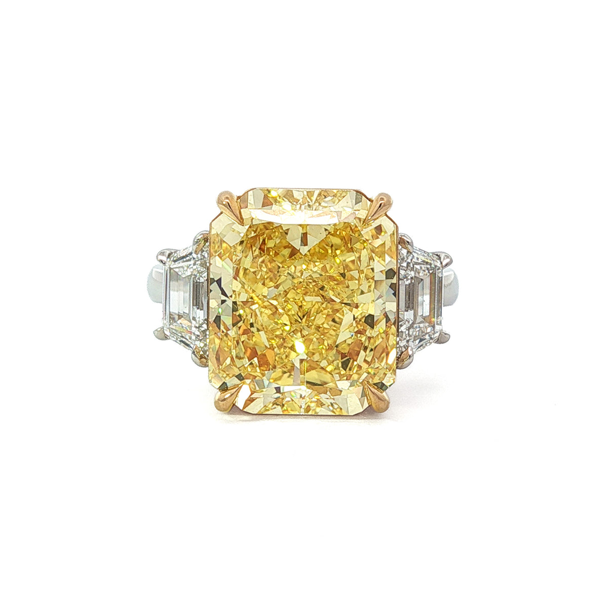 Juleve Platinum & 18kt Gold 8.55 IF Fancy Vivid Yellow Radiant Cut Diamond 3 Stone Ring 5,5.5,6,6.5,7,7.5,8,8.5,9
