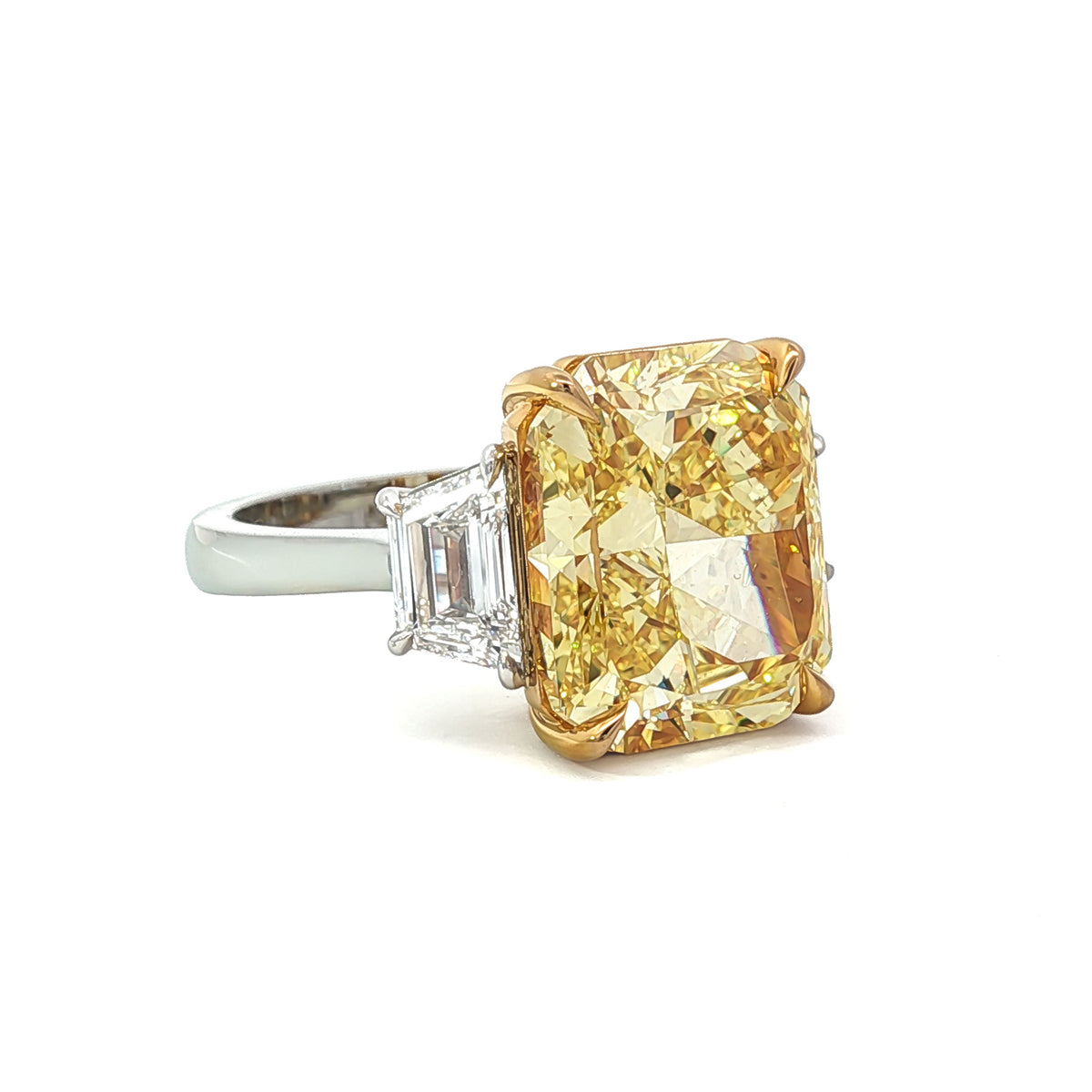 Juleve Platinum & 18kt Gold 8.55 IF Fancy Vivid Yellow Radiant Cut Diamond 3 Stone Ring 5,5.5,6,6.5,7,7.5,8,8.5,9