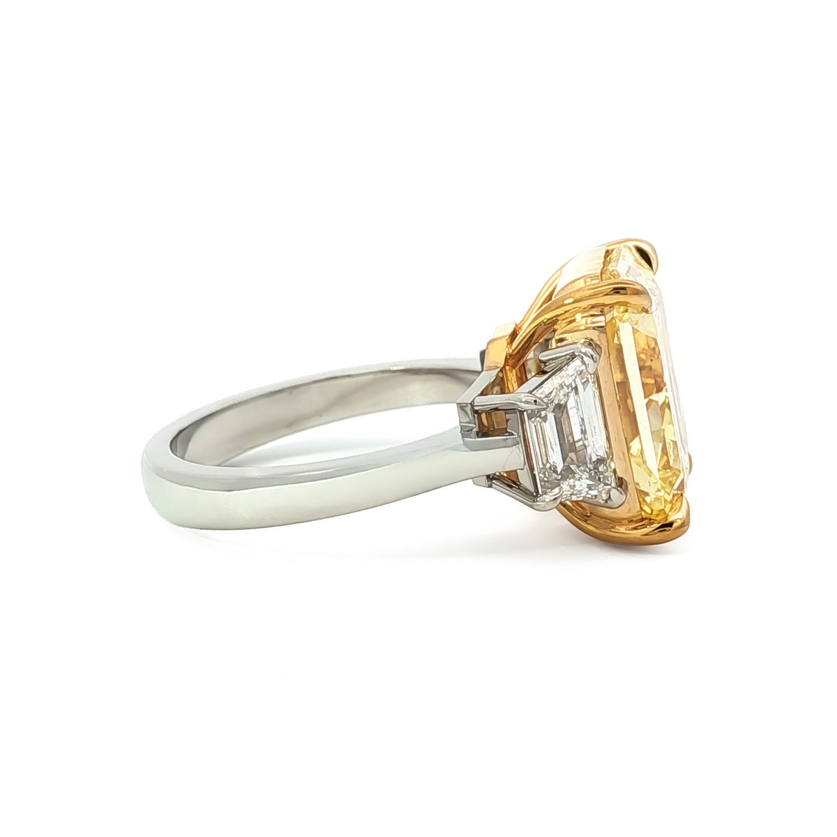 Juleve Platinum & 18kt Gold 8.55 IF Fancy Vivid Yellow Radiant Cut Diamond 3 Stone Ring 5,5.5,6,6.5,7,7.5,8,8.5,9