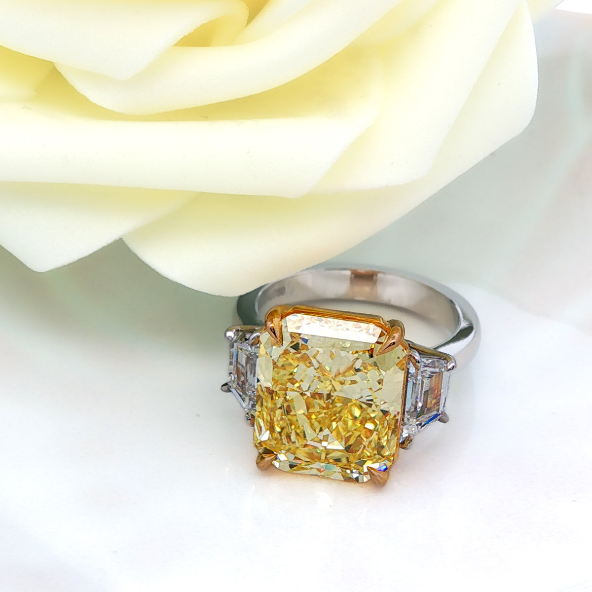 Juleve Platinum & 18kt Gold 8.55 IF Fancy Vivid Yellow Radiant Cut Diamond 3 Stone Ring 5,5.5,6,6.5,7,7.5,8,8.5,9