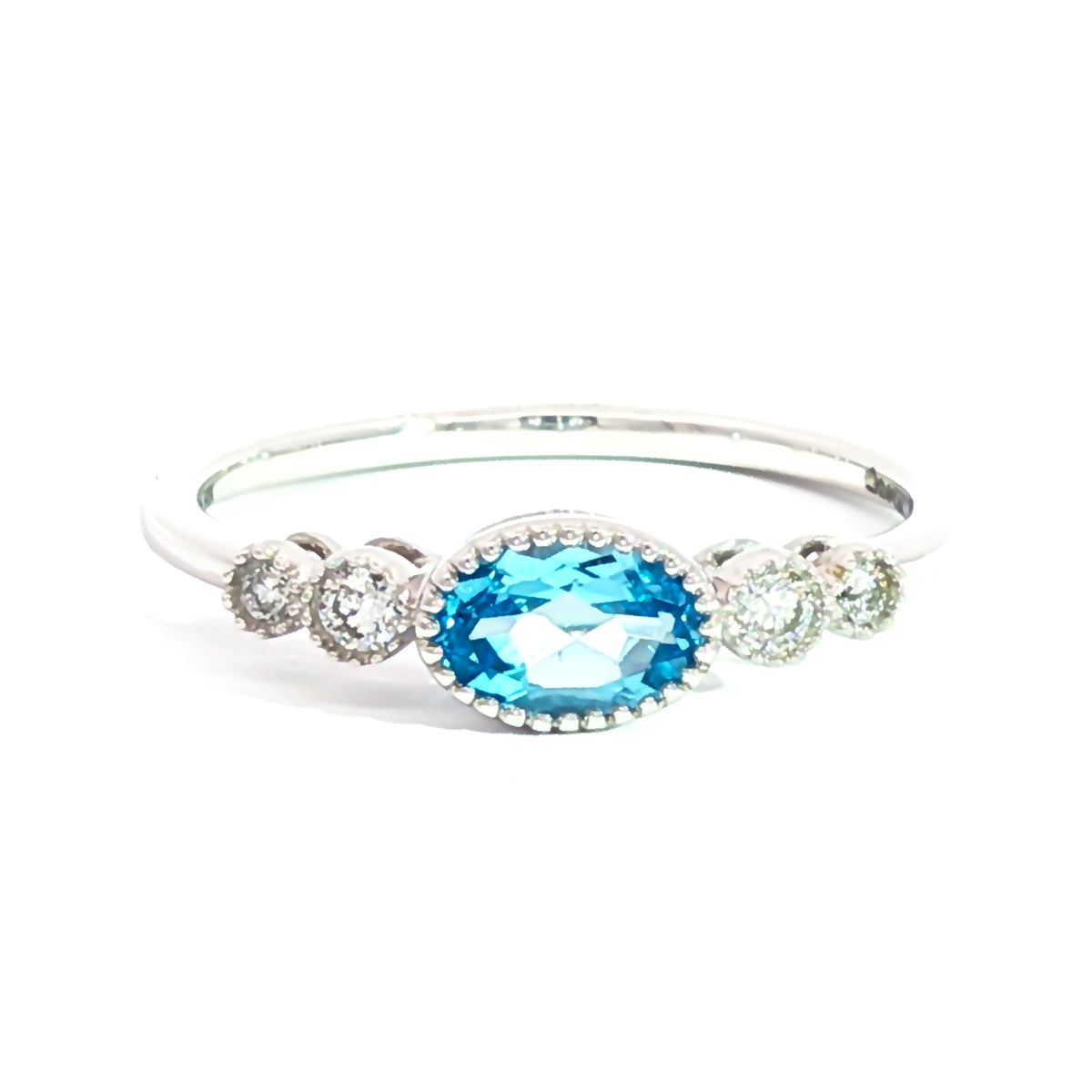14kt White Gold & .50 ct Oval Blue Topaz & Diamond Milgrain Ring 5,5.5,6,6.5,7,7.5,8,8.5,9