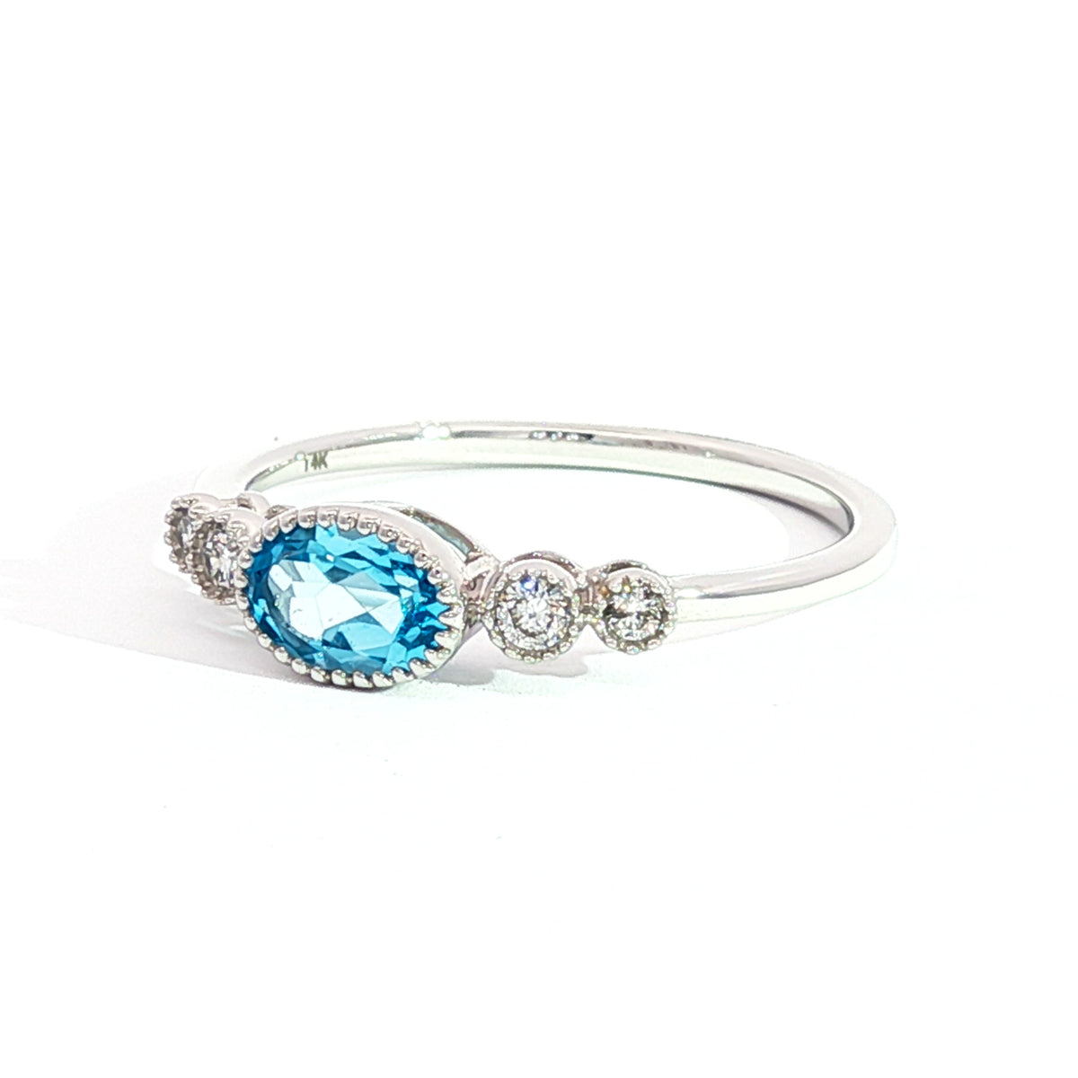 14kt White Gold & .50 ct Oval Blue Topaz & Diamond Milgrain Ring 5,5.5,6,6.5,7,7.5,8,8.5,9