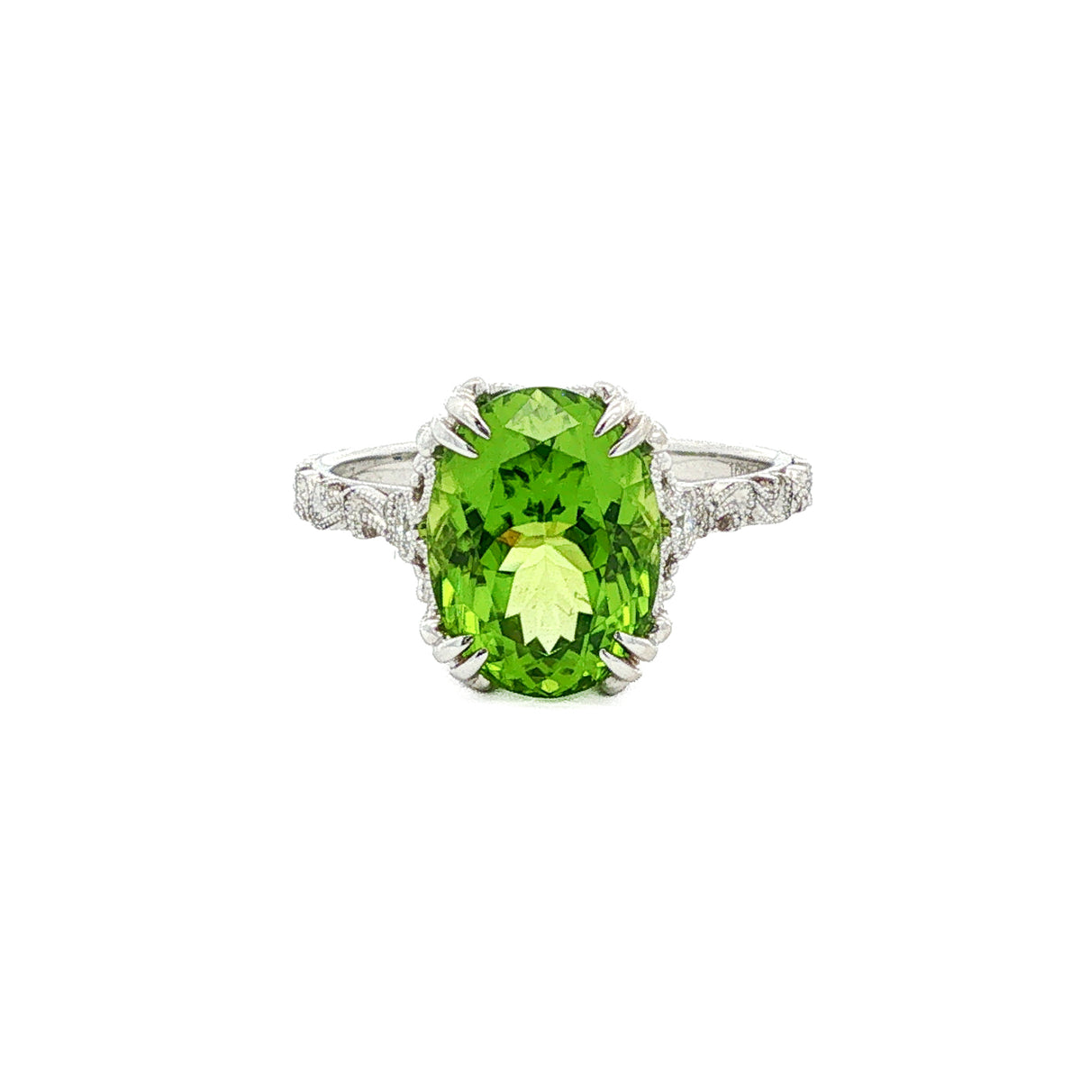 14kt White Gold 4.16 ct Oval Peridot & 0.07 ctw Round Brilliant Diamond Vintage Ring 4.5,5,5.5,6,6.5,7,7.5,8,8.5