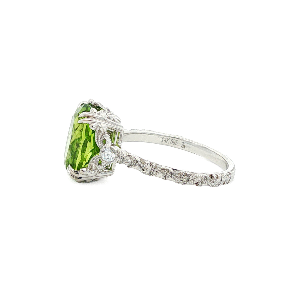 14kt White Gold 4.16 ct Oval Peridot & 0.07 ctw Round Brilliant Diamond Vintage Ring 4.5,5,5.5,6,6.5,7,7.5,8,8.5
