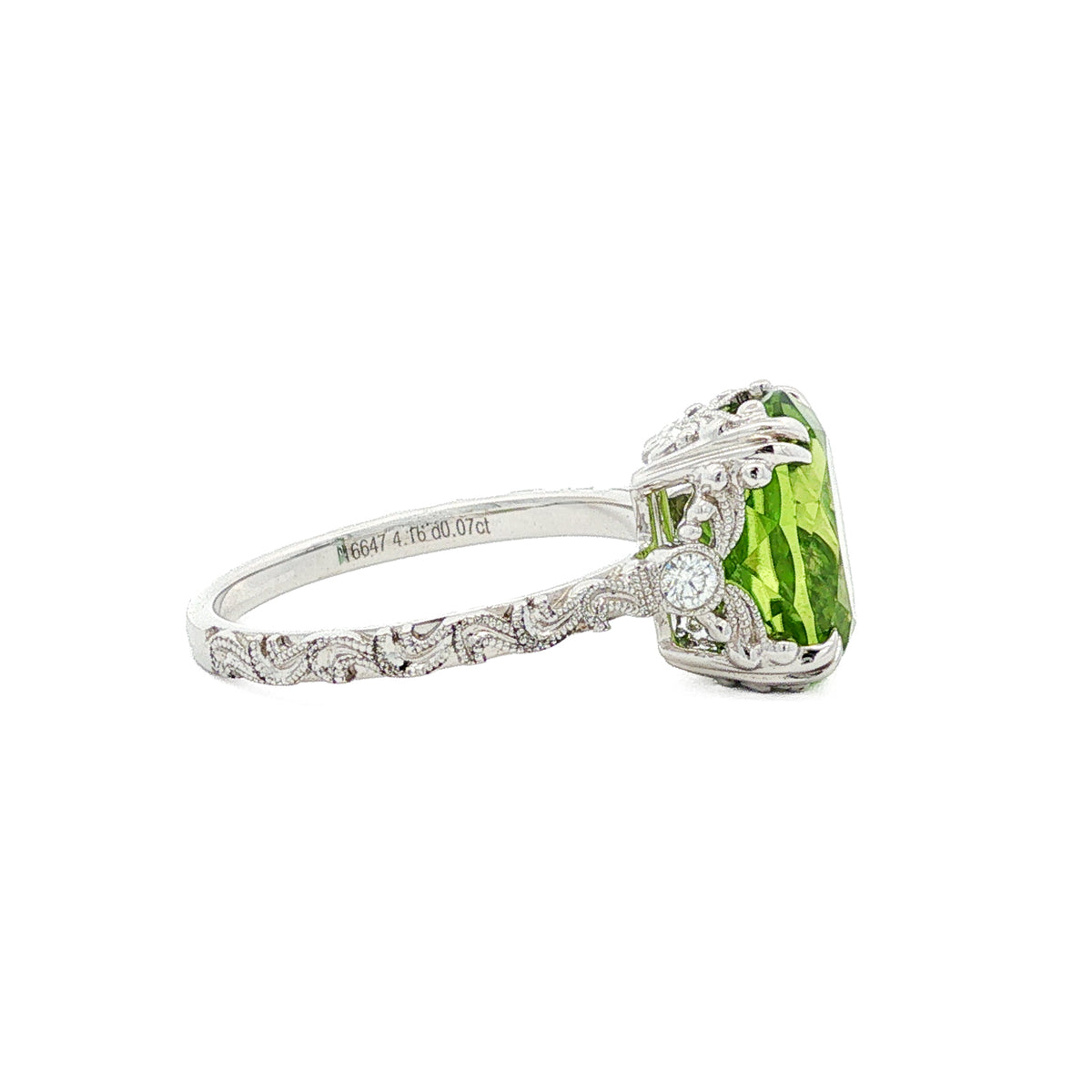 14kt White Gold 4.16 ct Oval Peridot & 0.07 ctw Round Brilliant Diamond Vintage Ring 4.5,5,5.5,6,6.5,7,7.5,8,8.5