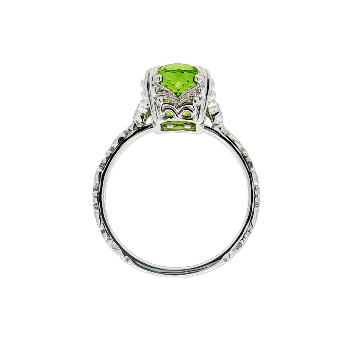 14kt White Gold 4.16 ct Oval Peridot & 0.07 ctw Round Brilliant Diamond Vintage Ring 4.5,5,5.5,6,6.5,7,7.5,8,8.5