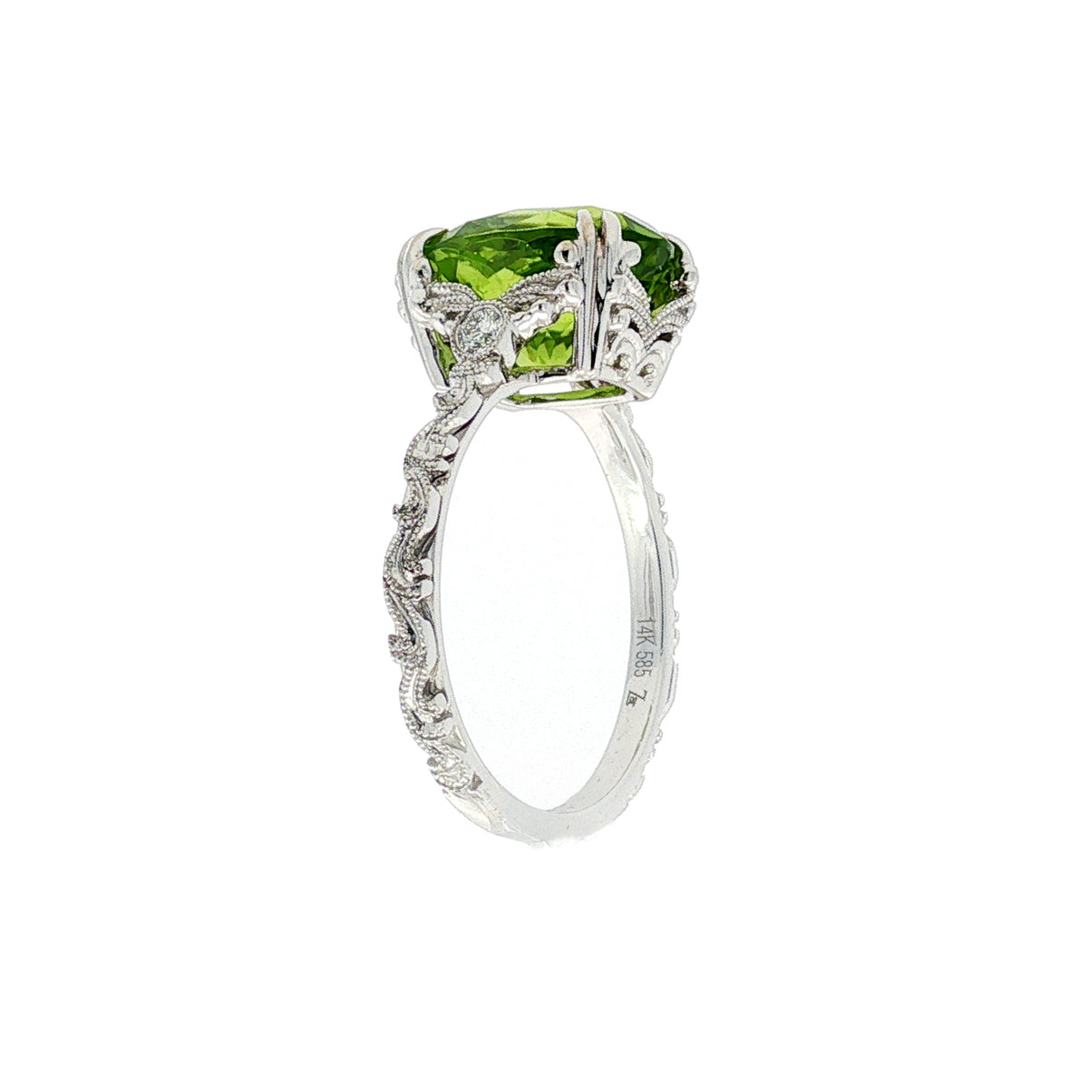 14kt White Gold 4.16 ct Oval Peridot & 0.07 ctw Round Brilliant Diamond Vintage Ring 4.5,5,5.5,6,6.5,7,7.5,8,8.5