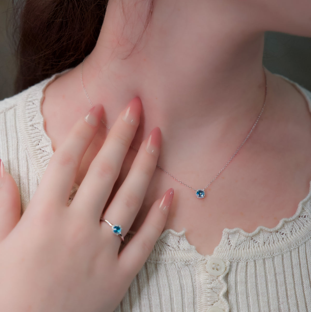 14kt Gold Blue Topaz and Diamond Halo Necklace Yellow,White